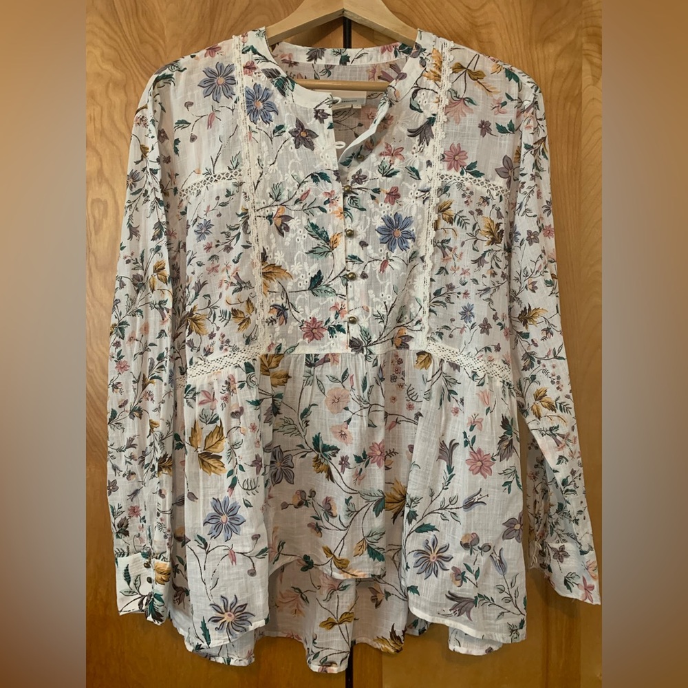 Anthropologie blouse- long sleeve, semi-sheer, flowy, boho, floral, lace detail
